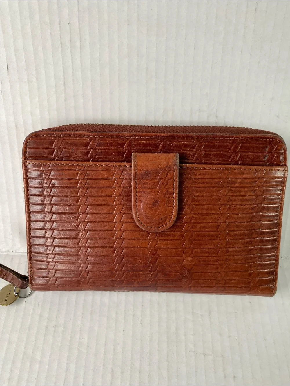 RIP CURL Brown Woven Leather Zip Around Wallet RFID Palm Tree Lined - Picture 8 of 10